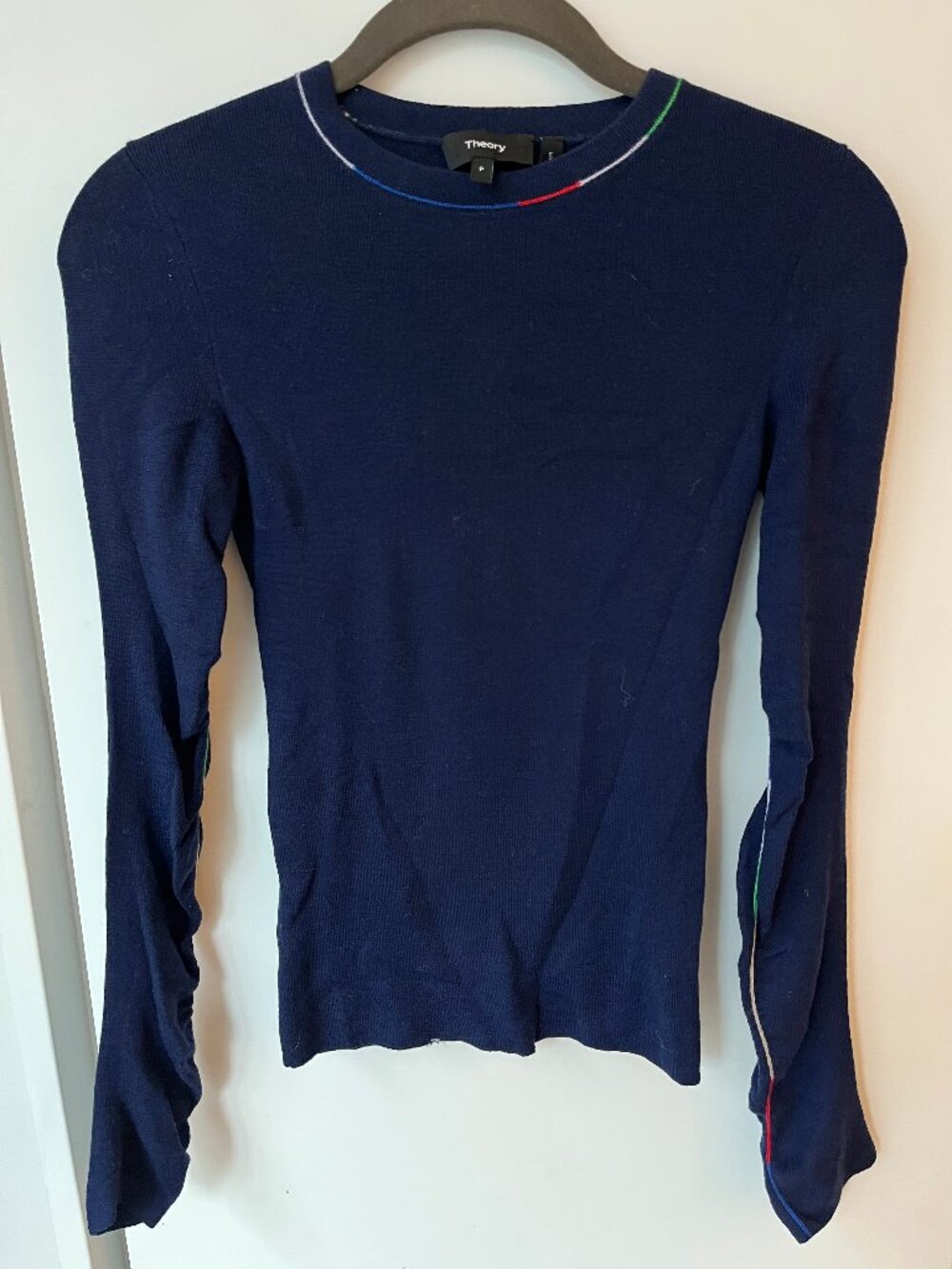 Theory Merino Crew Neck Sweater with Rainbow Piping Size XS